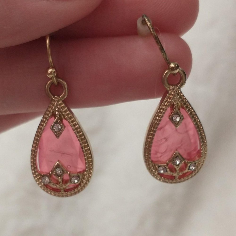 Pink Glass Crystal Drop Dangling Earrings - Picture 3 of 3